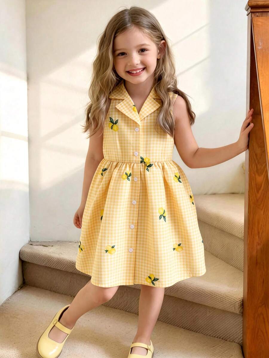 SHEIN Elladie kids Bộ váy màu vàng kẻ caro rực rỡ với họa tiết chanh tươi tắn, sống động và bắt mắt. Thiết kế cổ áo có ve, thanh lịch và năng động, cài cúc phía trước dễ mặc. Eo thon kết hợp với chân váy chữ A, tạo dáng thon gọn và thoải mái khi vận động. Thích hợp cho những buổi đi chơi hàng ngày hoặc dã ngoại, biến bé yêu của bạn thành một tia nắng ngọt ngào, tràn đầy năng lượng tích cực. - Màu vàng - Xem 1
