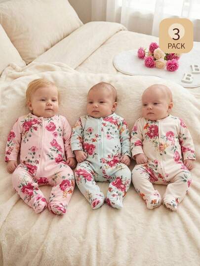 SHEIN 3pcs Baby Girls' Floral Print Footed Romper With Y-Shaped Zipper Baby Girl Clothes>Floralbaby Floralbaby Girl Clothes>Zippernewborn Pajamas Girlnewborn Set Girl