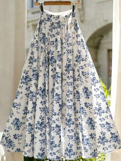 Franclia A-Line Ditsy Floral Elastic Waist Casual Skirt, Women's Spring Summer Skirt, Vacation, Outing, Y2K, Spring, Summer, Back To School, Casual, Beach, Business, Versatile, Women's Casual Blue And White Skirt, Women's Printed Skirt