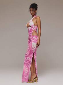 MUSERA Đầm maxi lưới ôm sát in hoa, kiểu dáng chéo, cổ yếm, chất liệu lưới, thích hợp cho mùa xuân hè, lễ hội Ibiza, kỳ nghỉ, du lịch, dễ thương, gợi cảm, phong cách Y2K, đi chơi đêm, câu lạc bộ, nhiệt đới quyến rũ. - màu xanh lá - Xem 4