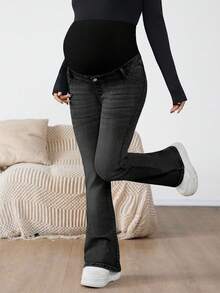 SHEIN Maternity Casual/Commute Color Block High Waist Flare Jeans Winter Christmas New Year Thanksgiving Commuting Vacation Graduation Chic Y2k Cute Streetwear Party Wedding Elegant Business Casual Woman Light Wash Flare Maternity Jeans For Women With Ribbed Over Belly Panel Everyday Pregnancy Panel Flexible And Fashionable For Expectant Mothers Christmas Maternity Fashion Mom Picks - Light Wash - View 5