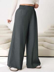 SHEIN CURVE+ Plus Size Casual Versatile Commuting High Waist Wide Leg Pants - Dark Grey - View 5