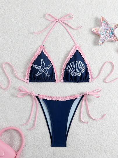Swim Mod Bộ bikini buộc dây cổ viền bèo hình sao biển và vỏ sò mới dành cho nữ, thích hợp cho mùa xuân/hè.