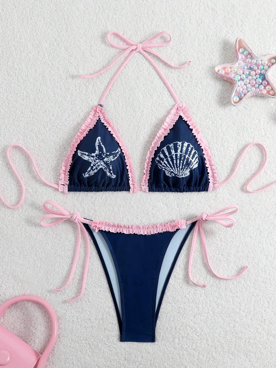 Swim Mod 新款海星贝壳荷叶边系带露背比基尼泳衣套装，女士春夏款 - 藏蓝色 - 查看 1