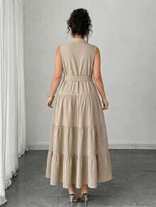 Elenzga Plus Size Women's Solid Color Casual Commuter Front Single-Breasted Button Sleeveless Shirt Dress, Pleated Dress, Summer - Apricot - View 3