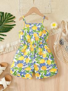SHEIN 女童柠檬印花无袖休闲连体裤 - 黃色 - 查看 2