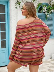 SHEIN CURVE+ Bộ đồ Holiday 2 món dành cho nữ, gồm áo dài tay và quần short kẻ sọc, thiết kế bất đối xứng vai. - Nhiều màu - Xem 2