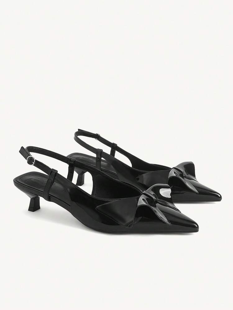CUCCOO CHICEST Women's Shoes Spring And Summer New Pointed Black Patent Leather Origami Decorative Slingback Kitten Heel And Afternoon Tea Wear Elegant Dating Shoes