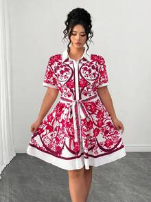 SHEIN Elenzya Plus Size Floral Print Short Sleeve Casual Dress - Red - View 4