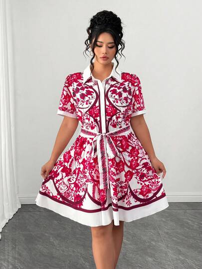 Elenzga 大码印花短袖休闲连衣裙
