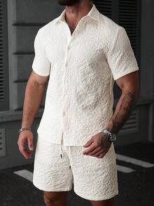 VENTUSAIL Men's Jacquard Single-Breasted Short Sleeve Shirt And Shorts Set - Beige - View 3