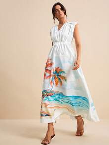 LOTSLUV Đầm dài in họa tiết cây dừa trên nền trắng dành cho nữ, cổ chữ V, không tay, cổ nhún, eo có dây rút, thích hợp cho kỳ nghỉ xuân/hè. - Nhiều màu - Xem 6