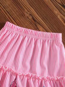 Genkimix Kids 2pcs/Set Young Girl' Ruffle Sleeve Top With Interesting Ice Cream Print & Striped Skirt - Pink - View 7