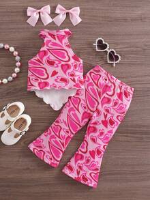 SHEIN 女婴两件套，时尚爱心针织吊带上衣和喇叭裤 - 玫紅色 - 查看 4