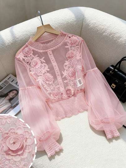 Modelyn 小众设计 3D 立体花卉拼接薄纱灯笼袖修身短款上衣，女士最新款上衣，新款女式衬衫，青少年衬衫，婚礼衬衫，优雅派对衬衫，优雅派对上衣，蕾丝上衣，女士上衣，正式蕾丝衬衫