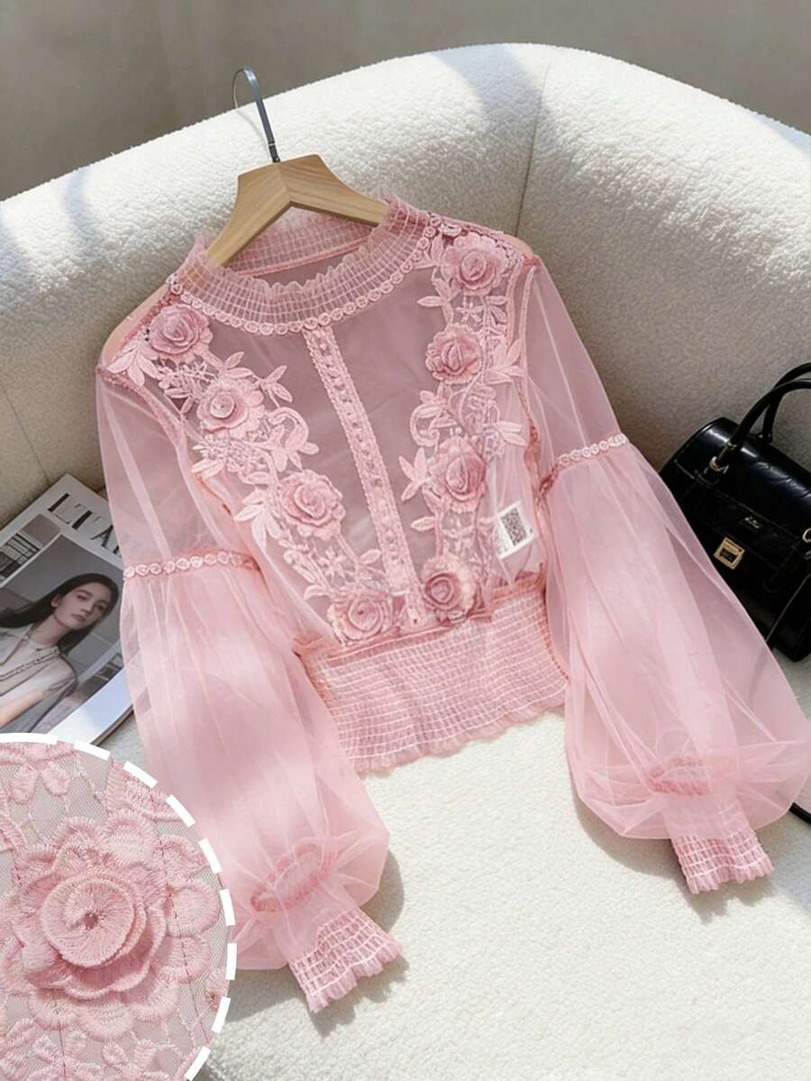 Modelyn 小众设计 3D 立体花卉拼接薄纱灯笼袖修身短款上衣，女士最新款上衣，新款女式衬衫，青少年衬衫，婚礼衬衫，优雅派对衬衫，优雅派对上衣，蕾丝上衣，女士上衣，正式蕾丝衬衫