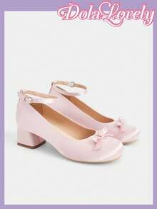 Dola Lovely 女士粉色缎面圆头蝴蝶结踝带低帮低跟鞋，温柔甜美百搭玛丽珍女鞋 - 粉色色丁 - 查看 3