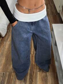 SHEIN Tall 女士撞色腰部翻折口袋阔腿休闲牛仔裤 - 藍色 - 查看 8