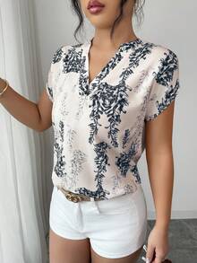 Selianne 1件女款優雅性感馬卡龍色花卉印花V領無袖上衣，夏季時尚寬鬆度假風上衣，適合上班、高爾夫、日常穿著 - 黑色 - 查看 5