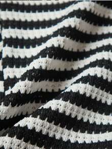 GlowEve 女士夏季黑白条纹菠萝纹理针织面料翻领修身廓形设计优雅时尚套装，适合狂欢节、音乐节、派对、旅行、海滩、摄影等场合，夏季连体裤 - 黑與白 - 查看 3