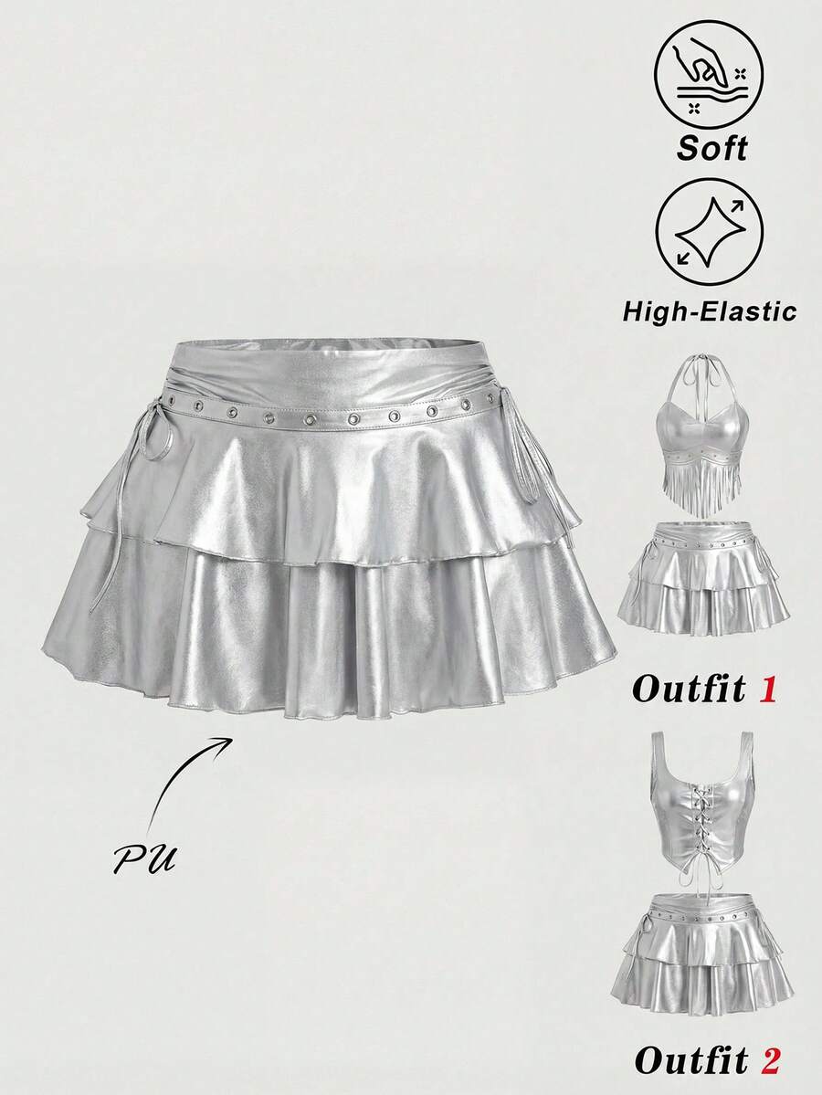 SHEIN MOD 女士休闲抽绳系结双层蛋糕裙,PU材质 - 銀色 - 查看 1