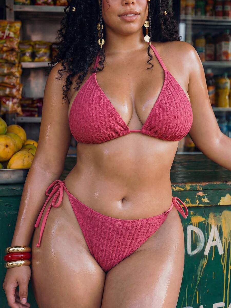 Swim Mod 女士系带比基尼套装，性感系带两件式泳衣，可爱挂脖泳装，附赠小包 - 粉色 - 查看 1