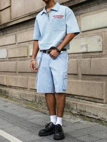 Manfinity EMRG Men's Casual Striped Embroidered Blue Denim Short Sleeve Shirt, Street Fashion - Light Wash - View 4