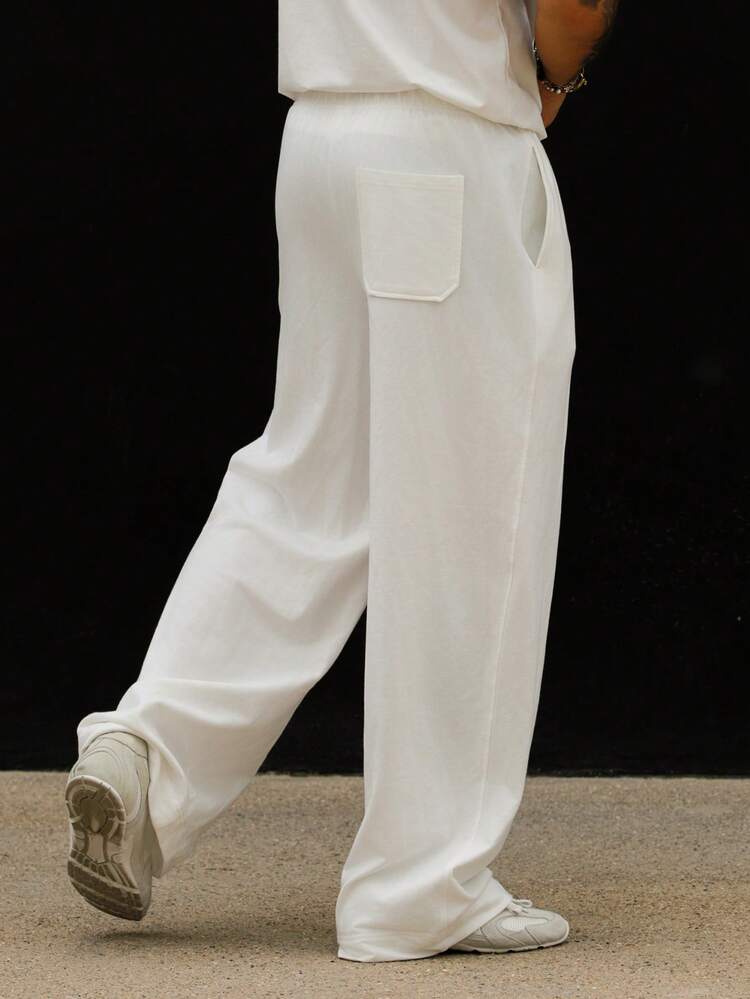 Long Solid White Loose Elastic Waist Men's Sweatpants