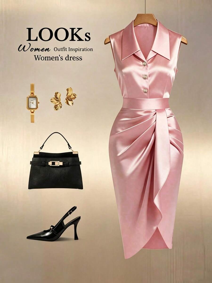 GlowEve 新款高端缎面衬衫领连衣裙，无袖，单扣前襟，腰部饰以精美褶皱，不对称下摆，修身剪裁，尽显优雅气质，适合办公室、宴会等多种场合，展现迷人风采。这款女装套装，适合职场女性，尽显女性魅力，是打造精致优雅造型的理想之选。 - 粉色 - 查看 1
