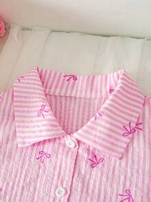 Elladie kids 两件套少女夏季新款翻领条纹蝴蝶结衬衫搭配百褶裙，粉色甜美简约学院风沙滩度假通勤优雅套装 - 粉色 - 查看 7