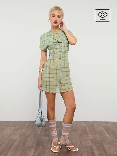 COUREZ 短袖系带迷你连衣裙，网纱格纹/Y2K夏季女装，格纹印花中长连衣裙，短袖连衣裙，外出穿搭，夏季穿搭，夏季连衣裙，春假穿搭，音乐节穿搭，演唱会穿搭