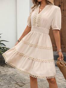 EMERY ROSE Damen Lässig Spitzenbesatz Mini Kleid für den Urlaub - Aprikosenfarben - Übersicht 4