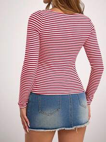 SHEIN Forever 21 Women's Striped Boatneck Long Sleeve Slim Fit Casual T-Shirt - Red - View 2