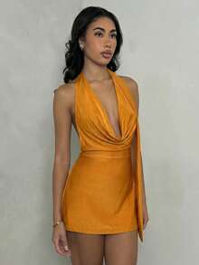 Glamine Elastic Satin V-Neck Backless Mini Party Dress For Women - Orange - View 4