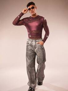 FeverCity Men's Long Sleeve Round Neck Mesh Patchwork Sexy Jumpsuit - Red - View 3