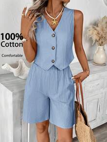 SHEIN LUNE Setelan Kasual 2 Potong Ukuran Plus Polos Atasan Tanpa Lengan dengan Kancing Depan dan Celana Pendek - Baby Blue - View 8