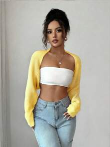 Rafferiza Women's Fashion Solid Color Cropped Open Front Bolero Shrug - Light Yellow - View 4