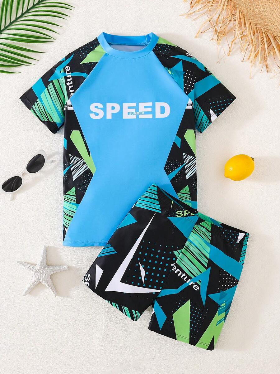 SHEIN Tween Boy Casual Minimalist Round Neck Short Sleeve Shorts Swimsuit Set, Suitable For Summer Swimming, Vacation, Beach Wear - Multicolor - View 1