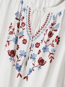 EMERY ROSE Elegant Plus Size White Shirt With Wrist Length Flounce Sleeves Boho Floral Embroidery And Notched Lace Up Design Fall - White - View 5