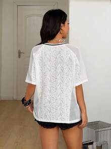Coolane Áo thun jersey dáng rộng, cùng phong cách Y2K Gyaru Fairycore, dành cho cặp đôi nữ và nam, phối ren tương phản, kiểu dáng thể thao, thích hợp cho ngày hội thể thao. - trắng - Xem 6