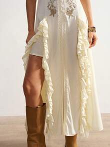 Bohemela 女士休闲纯色编织荷叶边下摆开衩吊带连衣裙 - 杏色 - 查看 6