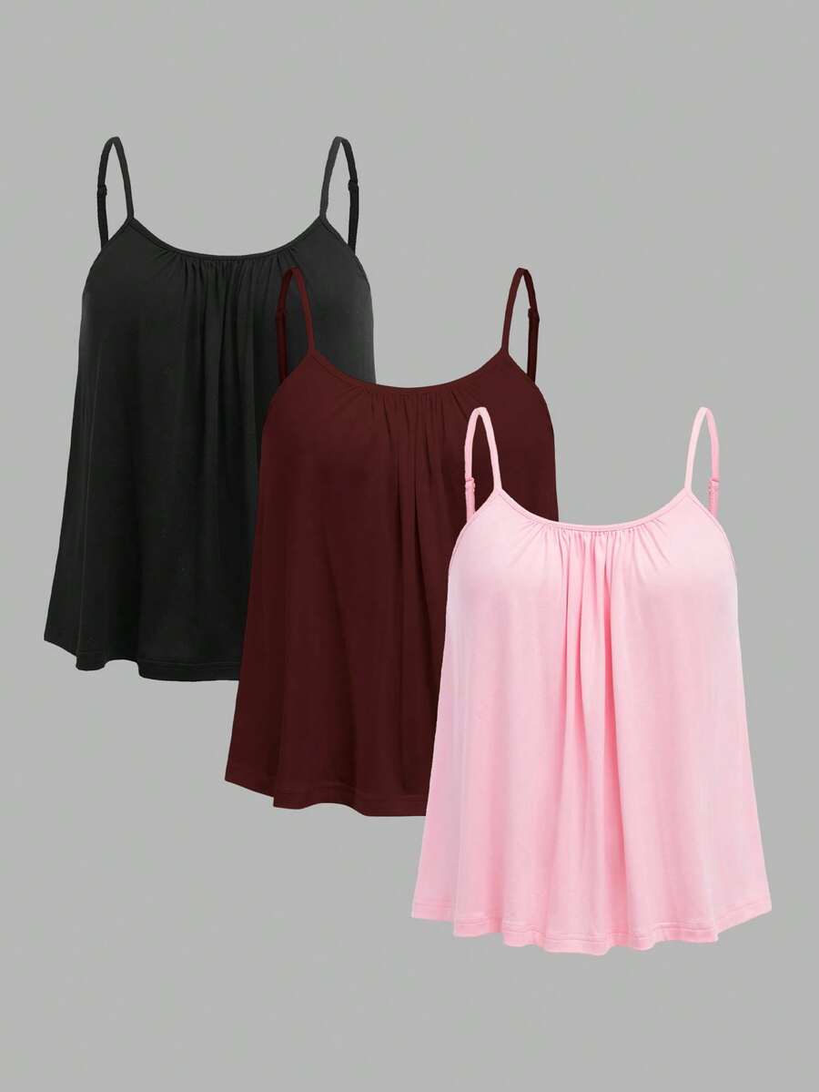 SHEIN EZwear 3件套加大码女式褶皱宽松吊带背心,可调节肩带,适合春夏穿着 - 彩色 - 查看 1