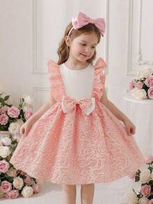 SHEIN Glamorique Kids 年轻女孩优雅迷人的粉色提花无袖收腰可爱蝴蝶结设计奢华蓬松连衣裙 - 粉色 - 查看 9