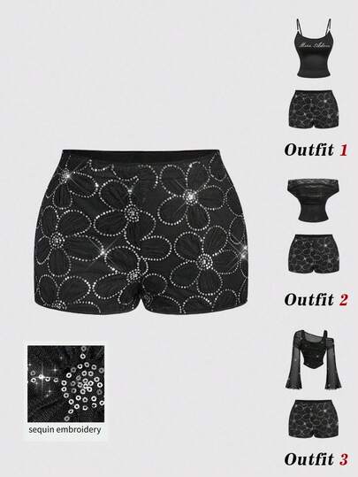 SHEIN MOD Fashion Black Sequin Floral Embroidered Shorts With Premium Breathable Fabric And Slimming Design, Perfect Essential For Summer Nightclubs, Parties, Music Festivals, Street Fashion, And Vacation Casual Wear Rinestones Shorts Graphic Shorts Graphic Jorts Womens Shorts, Birthday Outfit,Summer Top Music Festival Outfits Women Trending Outfit For 2026 Yk Outfits Zoey Outfit Paris Outfits Women Summer Sequin Skirt