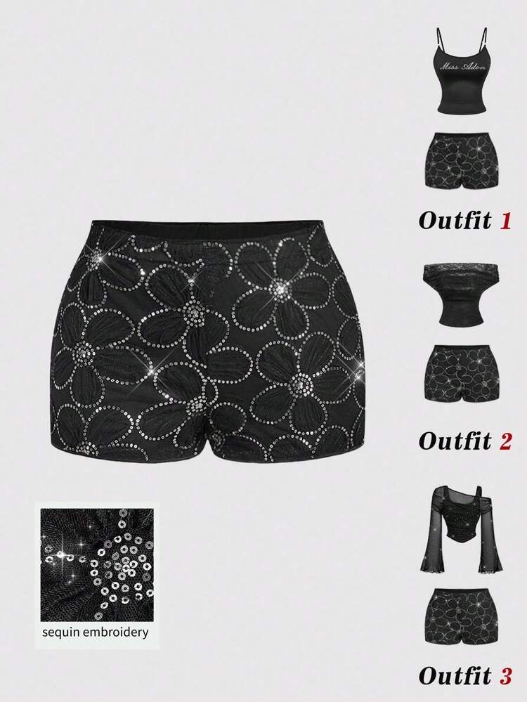SHEIN MOD 这款时尚黑色亮片花卉刺绣短裤采用优质透气面料和修身设计，是夏季夜店、派对、音乐节、街头时尚和度假休闲装的完美之选。水钻短裤、印花短裤、印花牛仔短裤、女士短裤、生日装、夏季音乐节服装、2026 年流行女装、Yk 服装、Zoey 服装、巴黎服装、女士夏季亮片裙 - 黑色 - 查看 1
