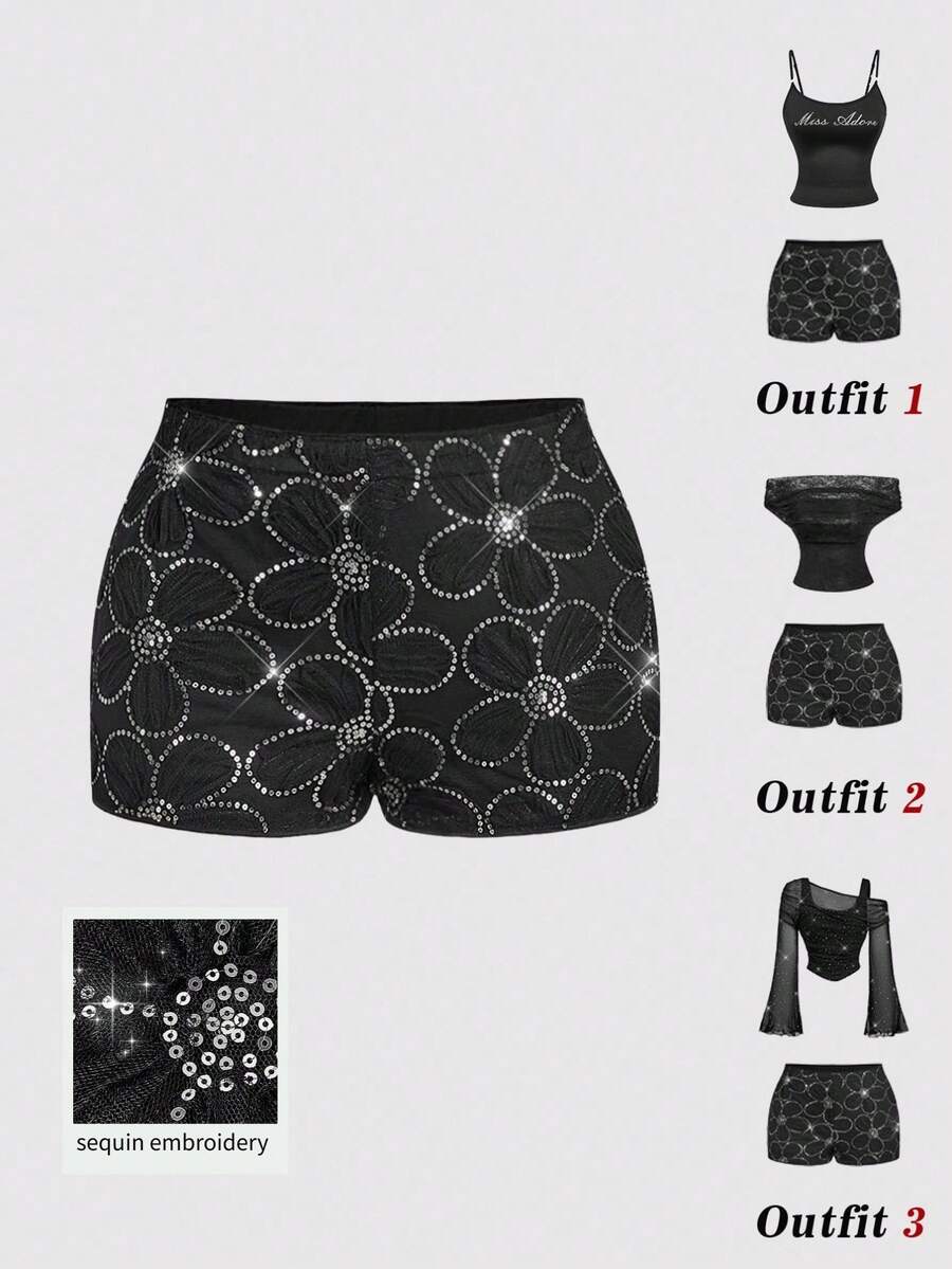 SHEIN MOD 時尚黑色與銀色亮片花卉刺繡夏季短褲,夜店穿搭水鑽圖案短褲 - 黑色 - 查看 1