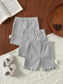 SHEIN Vintaside Kids 3pcs Baby Girl 0-3Y Cute Summer Holiday Gray Ribbed Knit Shorts Soft Casual Sporty Elastic Muted Tones Pink Beige Fitted 3-Piece Set For Home&Outdoor - Grey - View 2