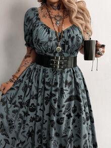 Flirla Vestido largo con cuello en V y estampado, estilo punk, talla grande, primavera/verano - Gris - View 3