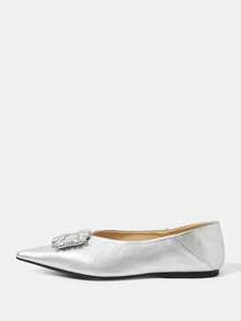 CUCCOO HITCHD Pointed Toe, Low Vamp, Rhinestone Square Buckle, Flat Bottom, Comfortable And Versatile, Fashionable Soft Sole, Elegant Fairy, Shoes, Silver Women's Shoes. - Silver - View 8