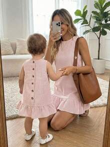 Babygirl Summer Vacation Casual Cute Striped Ruffle Hem Sleeveless Dress - Baby Pink - View 2